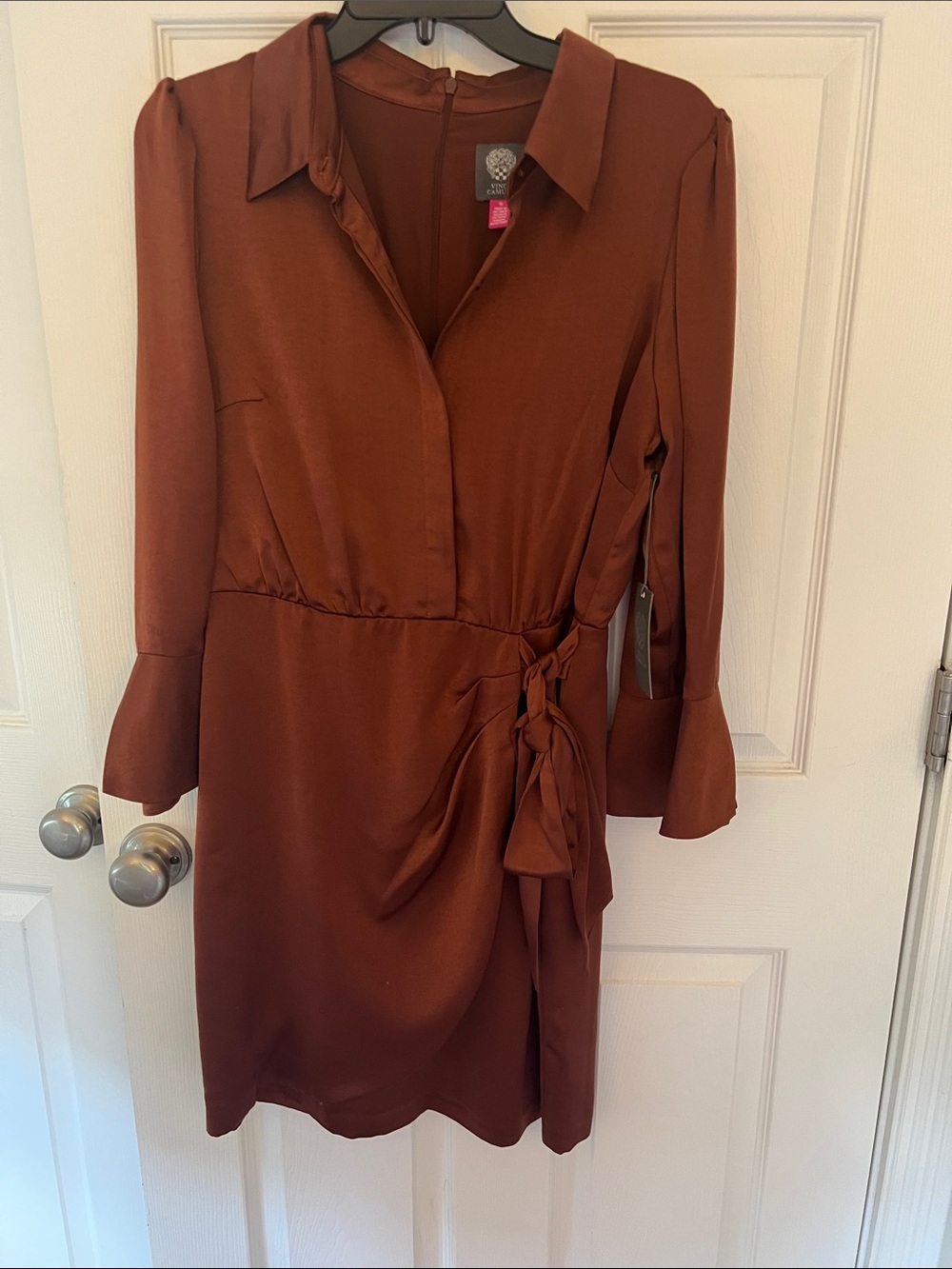 Vince Camuto Rust Brown Long-Sleeve Wrap Dress with Side Tie